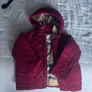 Authentic Burberry 3T burgundy quilted jacket with plaid lining detachable hood